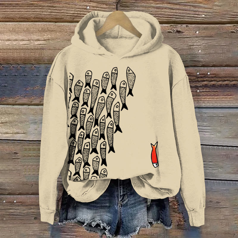 100% Cotton Cute Simple Lines Abstract Geometric Fish Art Print Women's Hoodie - Apricot - 2XL - image 1