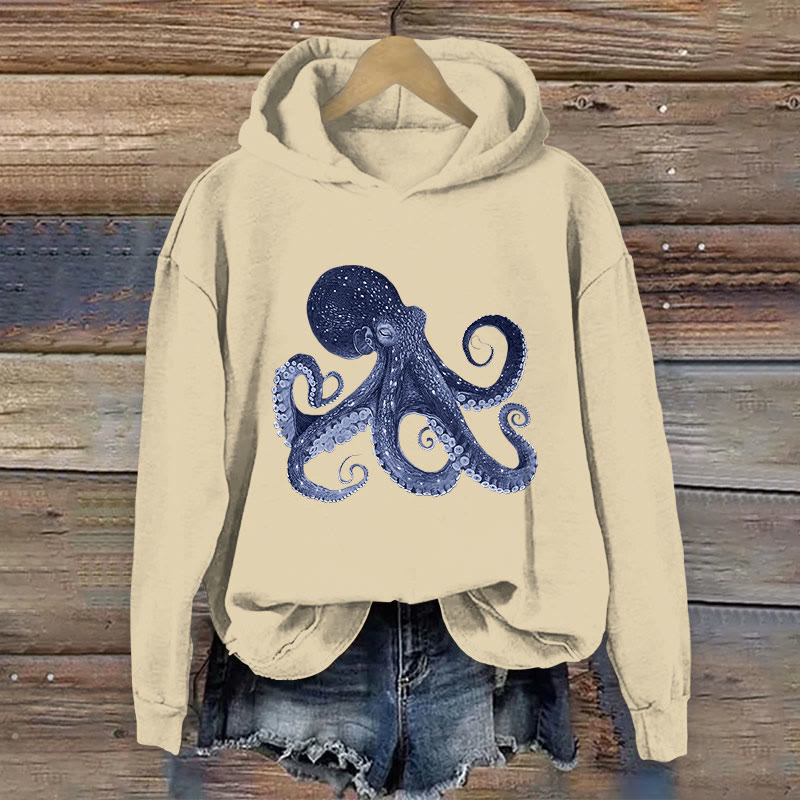 100% Cotton Octopus Art Print Women's Hoodie - Apricot - 2XL - image 1