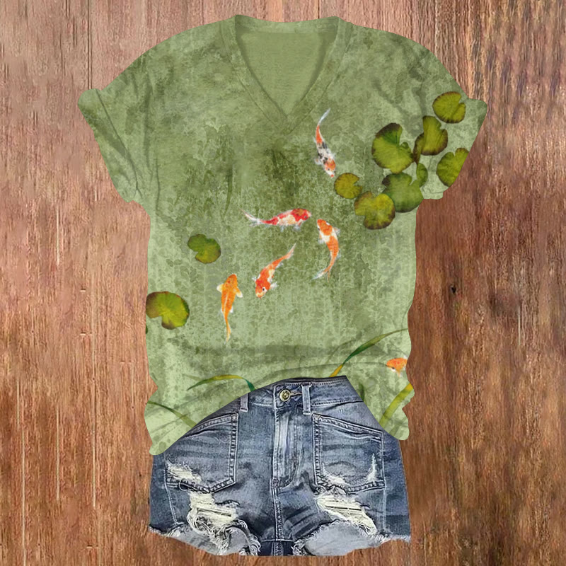 Japanese Koi And Lotus Leaf Art Print T-shirt - Green - US32-34(5XL) - image 1