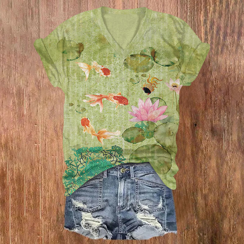  Japanese Koi And Lotus Art Print T-shirt - Green - US32-34(5XL) - image 1
