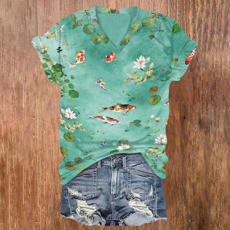 Japanese Koi Lotus Pond Art Print T-shirt - Lake Blue - US32-34(5XL) - image 1