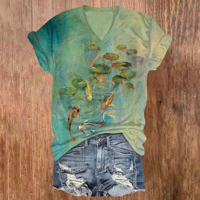 Koi Carp And Lotus Leaf Watercolor Art Print T-shirt - Green - US32-34(5XL) - image 1