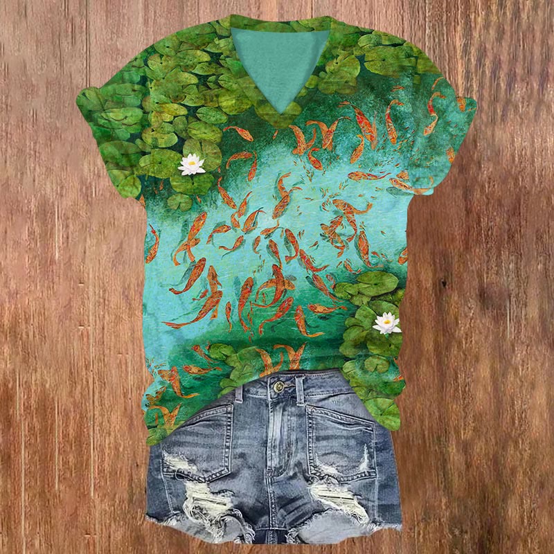Koi Surrounded By Lotus Leaves Art Print T-shirt - Multicolor - US32-34(5XL) - image 1