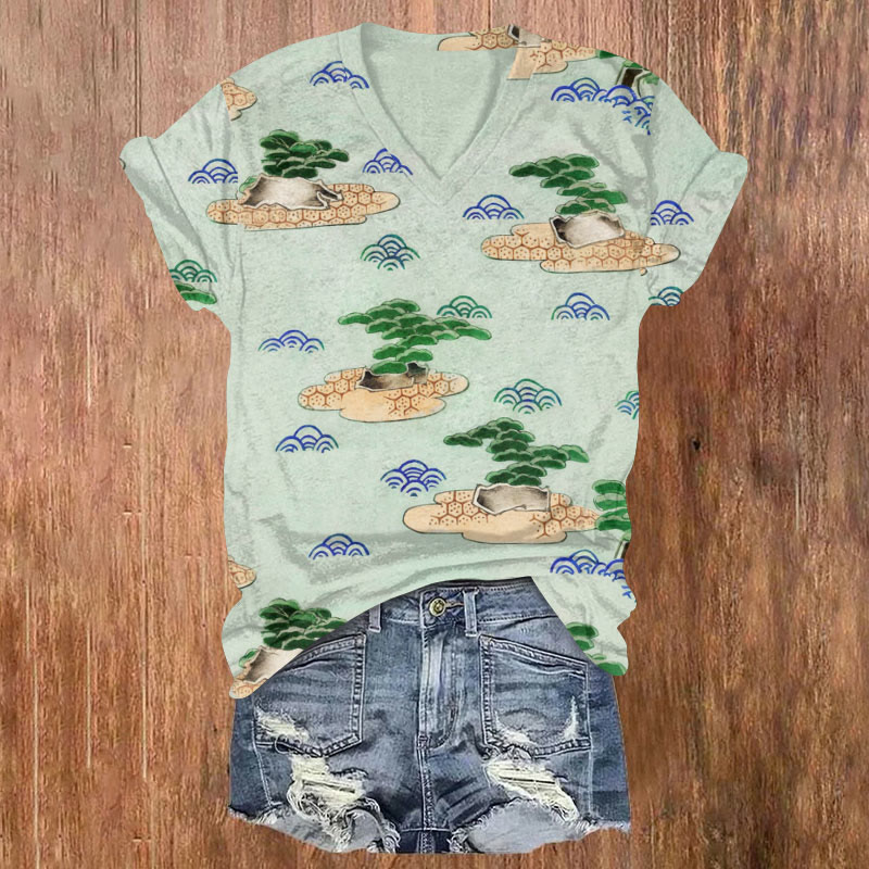 Japanese Style Pine Trees And Landscape Print T-shirt - Mint - US32-34(5XL) - image 1