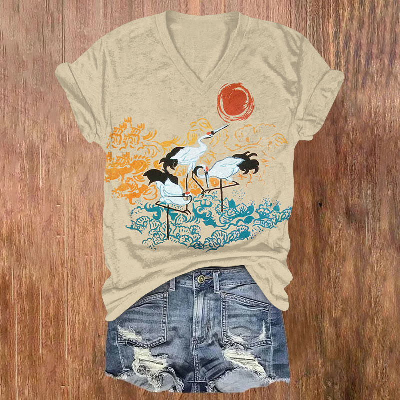 Japanese Style Oriental Crane And Sunset Art Print T-shirt - Khaki - US32-34(5XL) - image 1