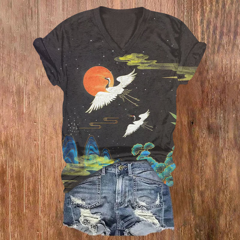 Japanese Moon Sky Crane Art Print T-shirt - Black - US32-34(5XL) - image 1