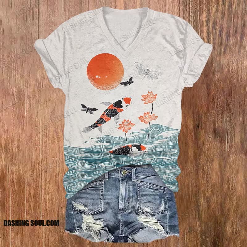 Japanese Style Koi Fish Dragonfly Wave Art Print T-shirt