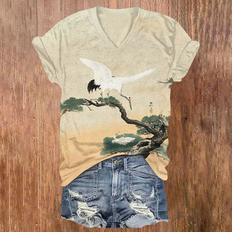 Japanese Pine And Crane Art Print T-shirt - Apricot - US32-34(5XL) - image 1