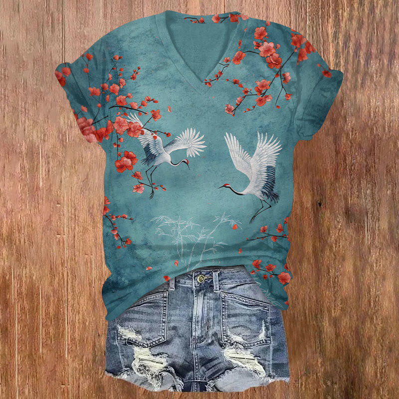 Japanese Plum Blossom And Crane Art Print T-shirt - Blue - US32-34(5XL) - image 1