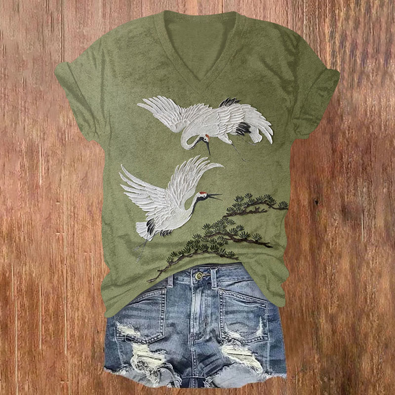 Japanese Crane And Pine Tree Oil Painting Art Print T-shirt - Olive Green - US32-34(5XL) - image 1