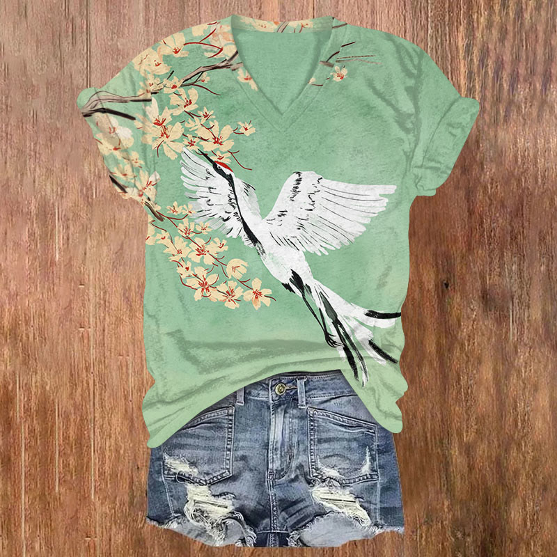 Japanese Crane And Flower Art Print T-shirt - Mint - US32-34(5XL) - image 1