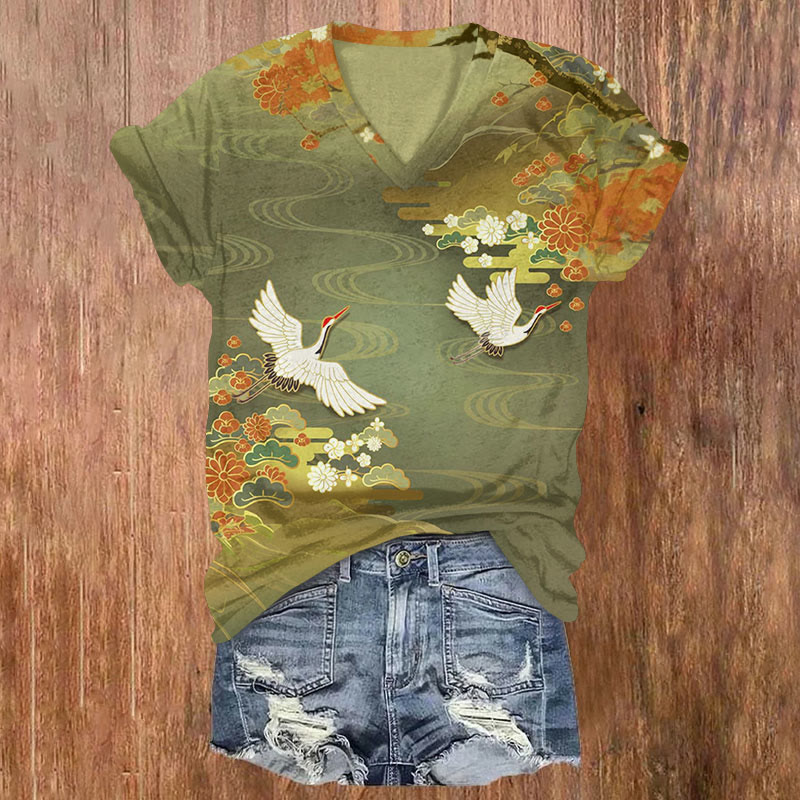  Japanese style cranes and flowers art Print T-Shirt - Green - US32-34(5XL) - image 1