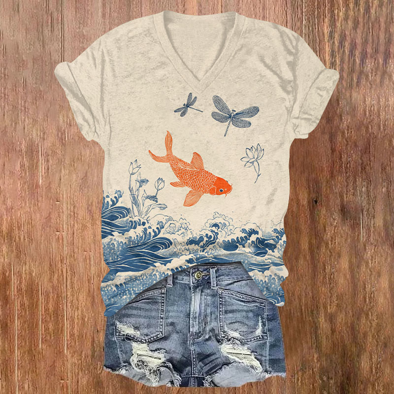 Japanese Wave Goldfish And Dragonfly Art Print T-shirt - Khaki - US32-34(5XL) - image 1