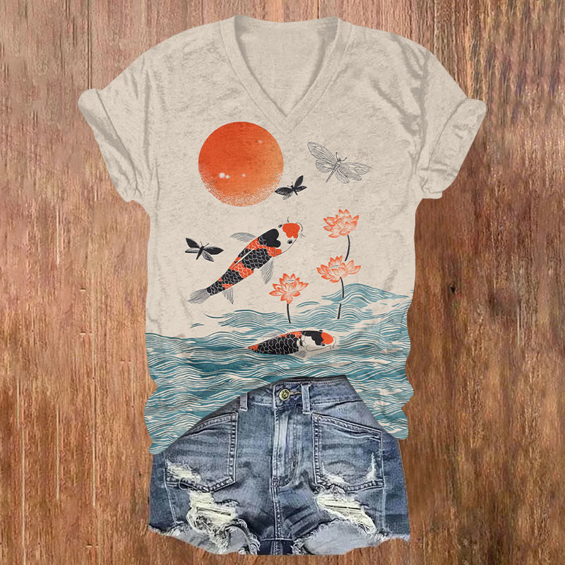 Japanese Style Koi Fish Dragonfly Wave Art Print T-shirt - Apricot - US32-34(5XL) - image 1