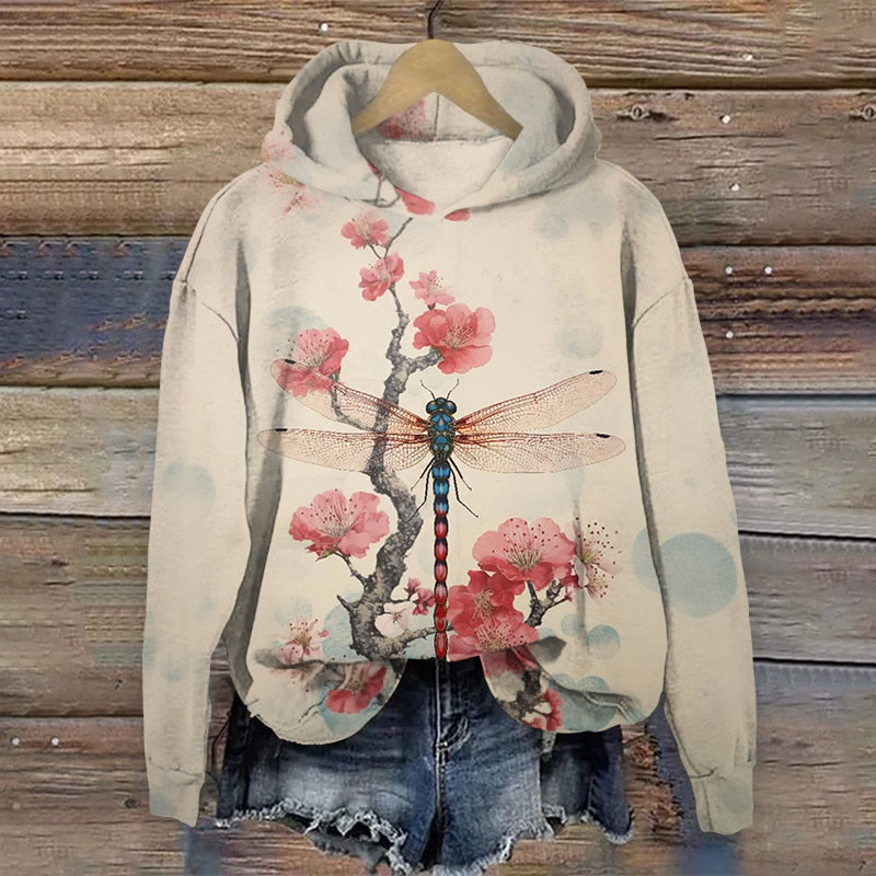 Retro Plum Blossom Dragonfly Japanese Art Print Long Sleeve Hoodie - Apricot - US44-46(8XL) - image 1