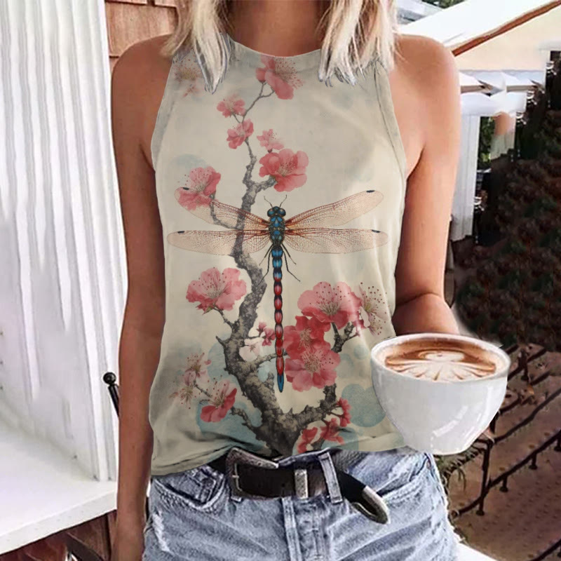 Retro Plum Blossom Dragonfly Japanese Art Print Crew Neck Tank Top - Apricot - 5XL - image 1