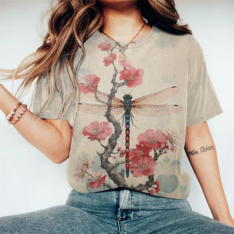 Retro Plum Blossom Dragonfly Japanese Art Print Casaul T-shirt - Apricot - US44-46(8XL) - image 1