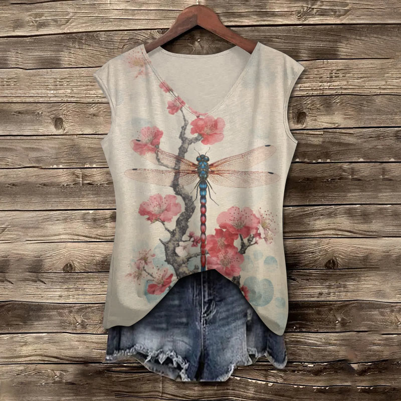 Retro Plum Blossom Dragonfly Japanese Art Print V Neck Casual Tank Top - Apricot - 5XL - image 1