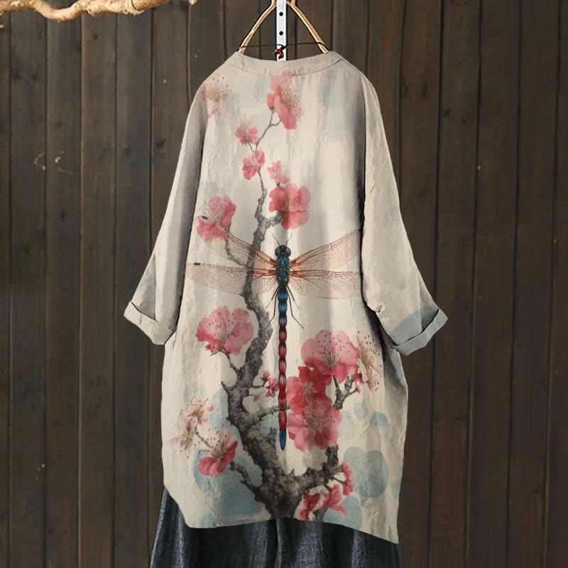 Retro Plum Blossom Dragonfly Japanese Art Print Cardigan - Apricot - 6XL - image 1