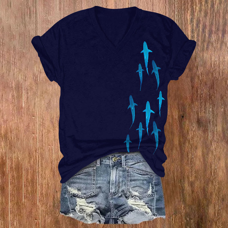 Ocean Shark Art Print T-shirt - Dark Blue - US32-34(5XL) - image 1