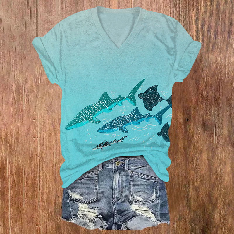 Ocean Whale Shark And Ray Art Print T-shirt - Lake Blue - US32-34(5XL) - image 1