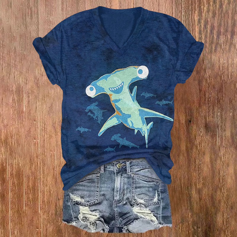 Ocean Fun Hammerhead Shark Art Print T-shirt - Blue - US32-34(5XL) - image 1