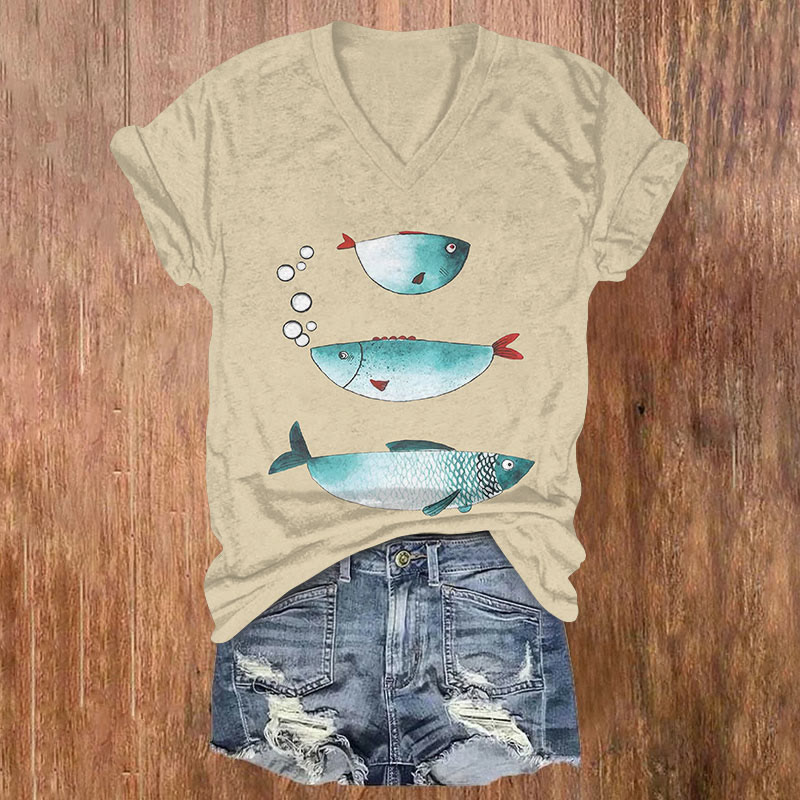 Simple Hand Drawn Fish Art Print T-shirt - Apricot - US32-34(5XL) - image 1