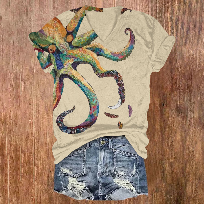 Ocean Colorful Octopus Art Print T-shirt - Apricot - US32-34(5XL) - image 1