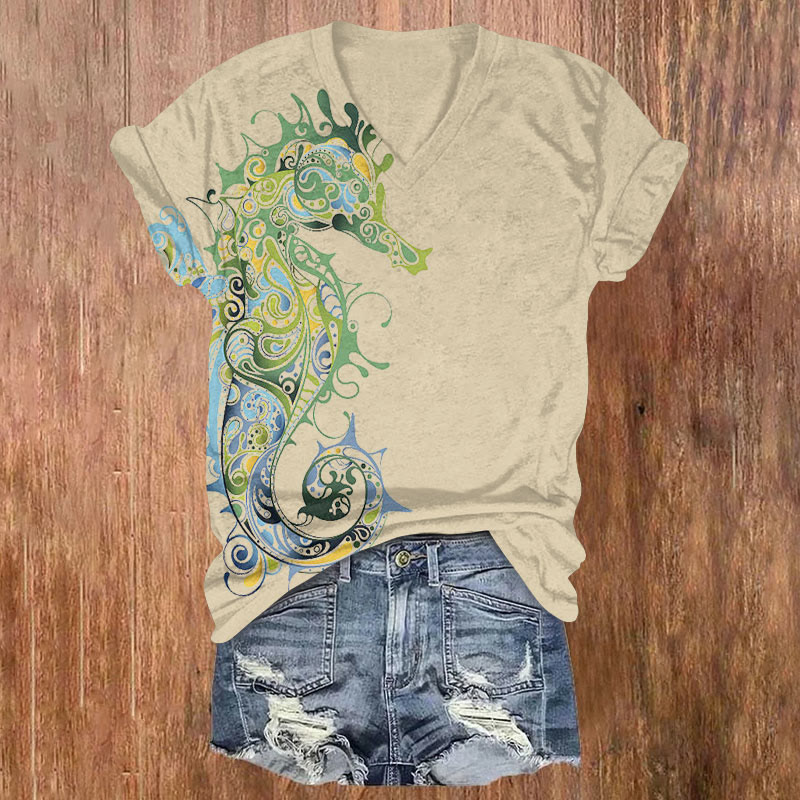 National Dream Seahorse Art Print T-shirt - Apricot - US32-34(5XL) - image 1