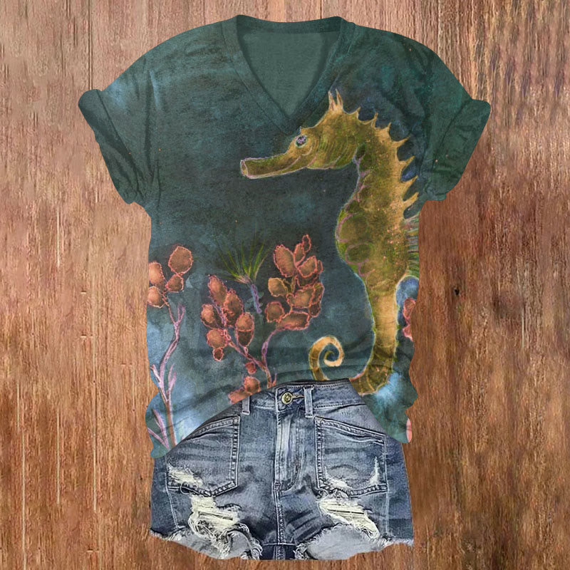 Ocean Mysterious Seahorse Art Print T-shirt - Olive Green - US32-34(5XL) - image 1