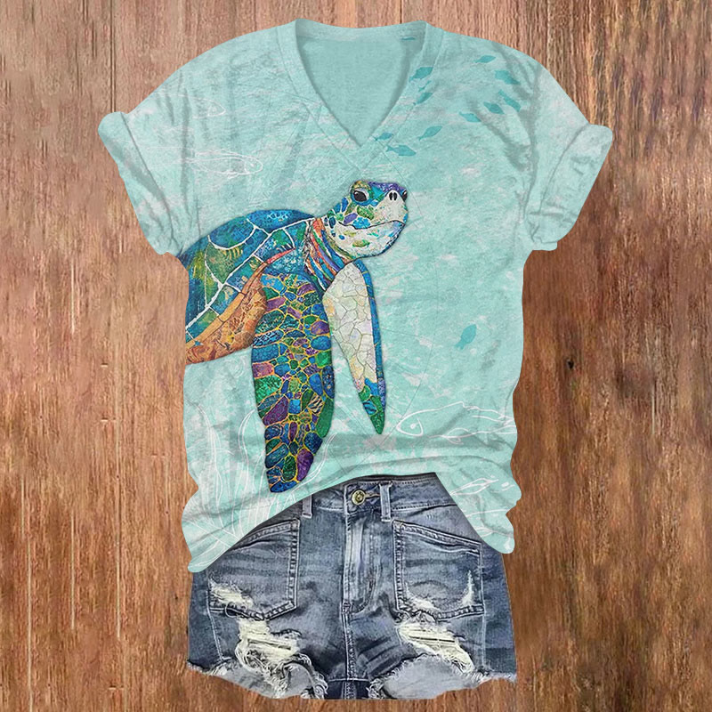 Ocean Colorful Turtle Art Print T-shirt - Blue - US32-34(5XL) - image 1