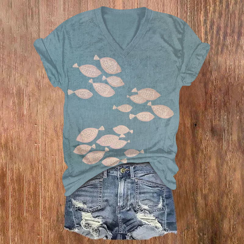 Simple School Of Fish Art Print T-shirt - Blue - US32-34(5XL) - image 1