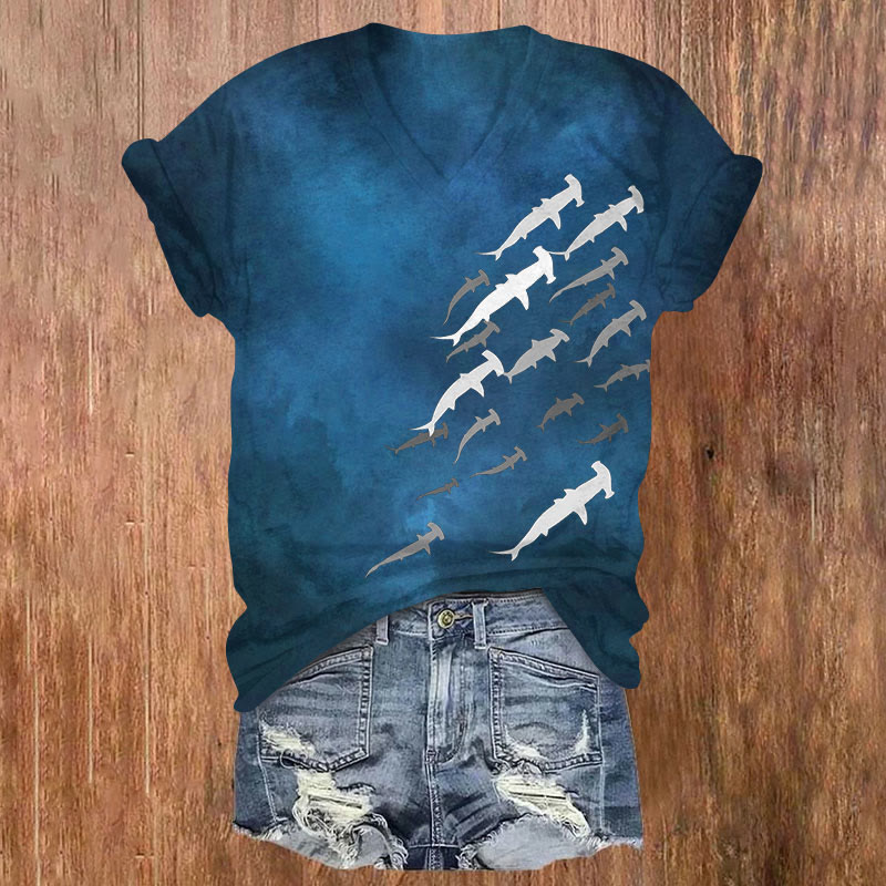 Ocean Shark Fish Art Print T-shirt - Blue - US32-34(5XL) - image 1