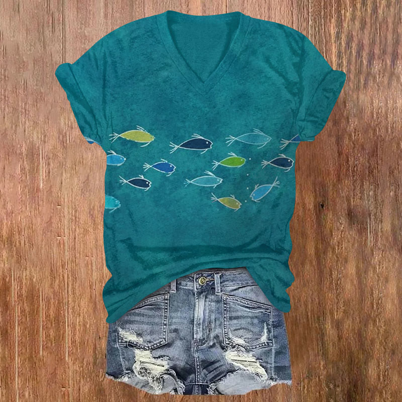 Ocean Simple Fish School Art Print T-shirt - Green - US32-34(5XL) - image 1