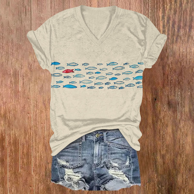 Simple Fish School Art Print T-shirt - Apricot - US32-34(5XL) - image 1