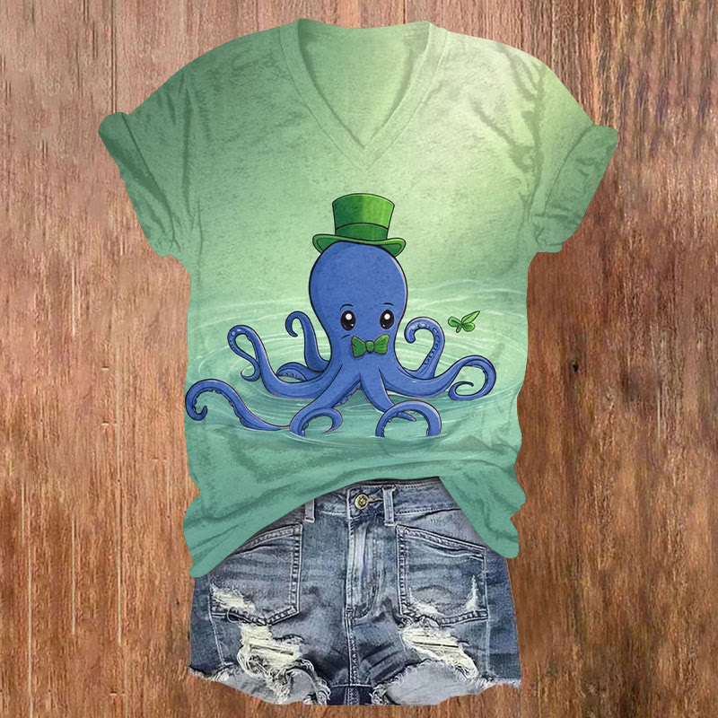 St. Patrick's Day Lucky Octopus Art Print T-shirt - Green - US32-34(5XL) - image 1