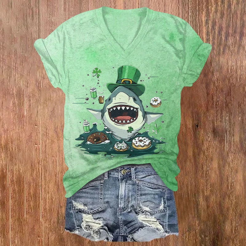 St. Patrick's Day Playful Hat Shark And Dessert Print T-shirt - Green - US32-34(5XL) - image 1
