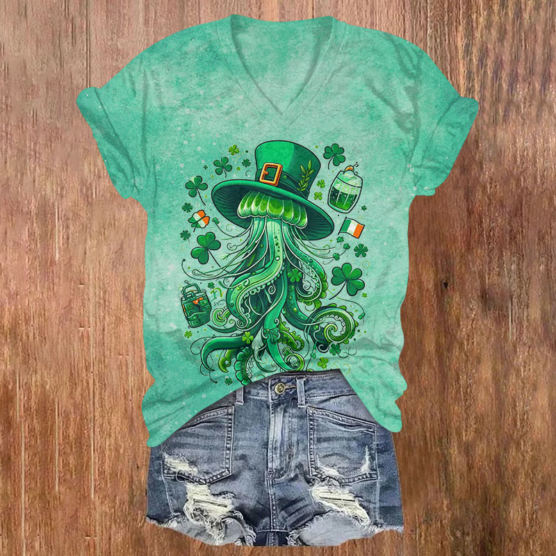 St. Patrick's Day Four Leaf Clover And Jellyfish Art Print T-shirt - Green - US32-34(5XL) - image 1