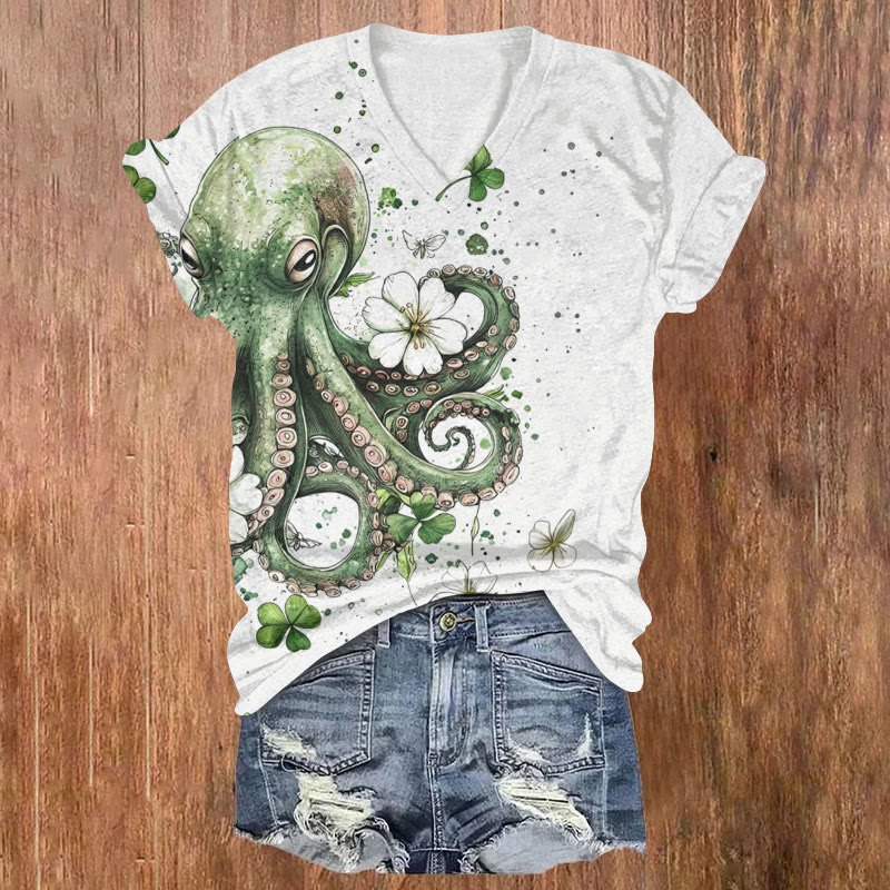 St. Patrick's Day Octopus And Flowers Art Print T-shirt - White - US32-34(5XL) - image 1