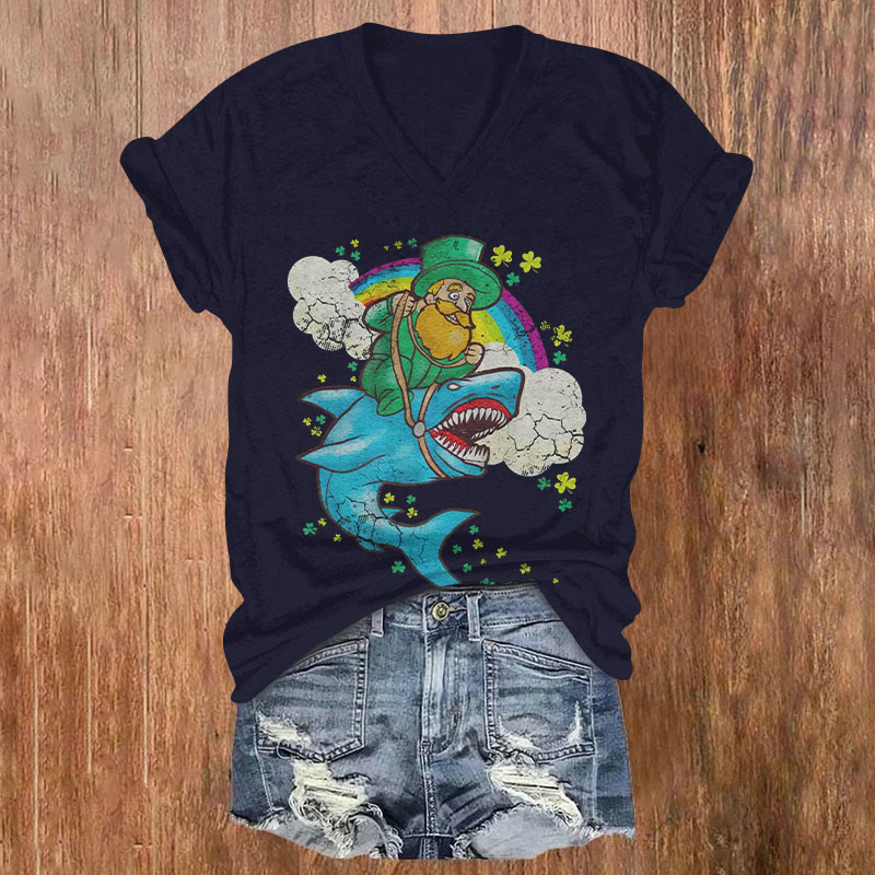 St. Patrick's Day Lucky Shark Rider Print T-shirt - Dark Blue - US32-34(5XL) - image 1