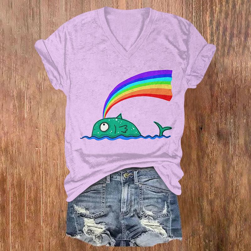 St. Patrick's Day Fantasy Rainbow Whale Art Print T-shirt - Purple - US32-34(5XL) - image 1