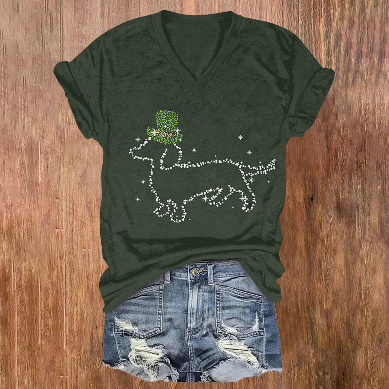 St. Patrick's Day Shiny Hat Dachshund Art Print T-shirt - Dark Green - US32-34(5XL) - image 1