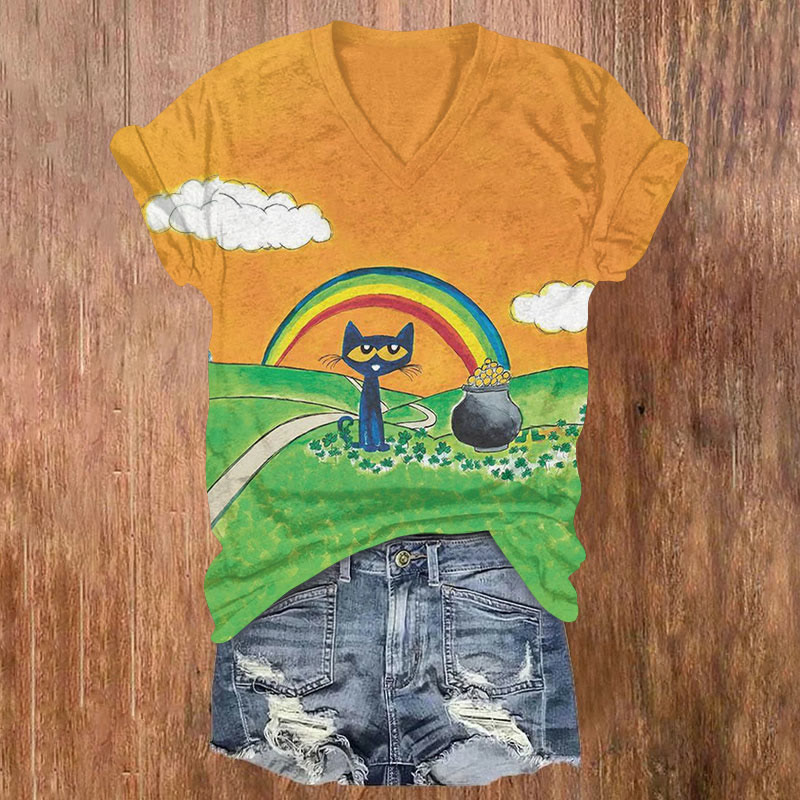 St. Patrick's Day Lucky Cat With Rainbow Print T-shirt - Orange - US32-34(5XL) - image 1