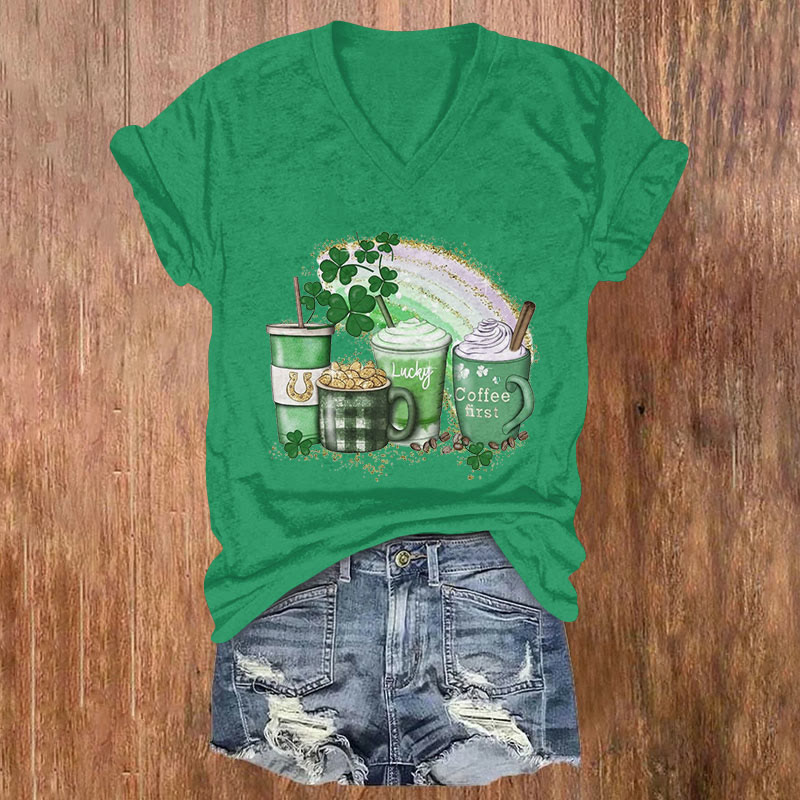 St. Patrick's Day Coffee And Luck Print T-shirt - Green - US32-34(5XL) - image 1