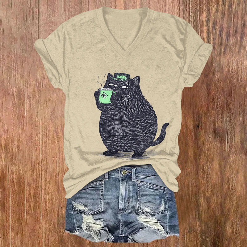 St. Patrick's Day Cute Black Cat Art Print T-shirt - Apricot - US32-34(5XL) - image 1
