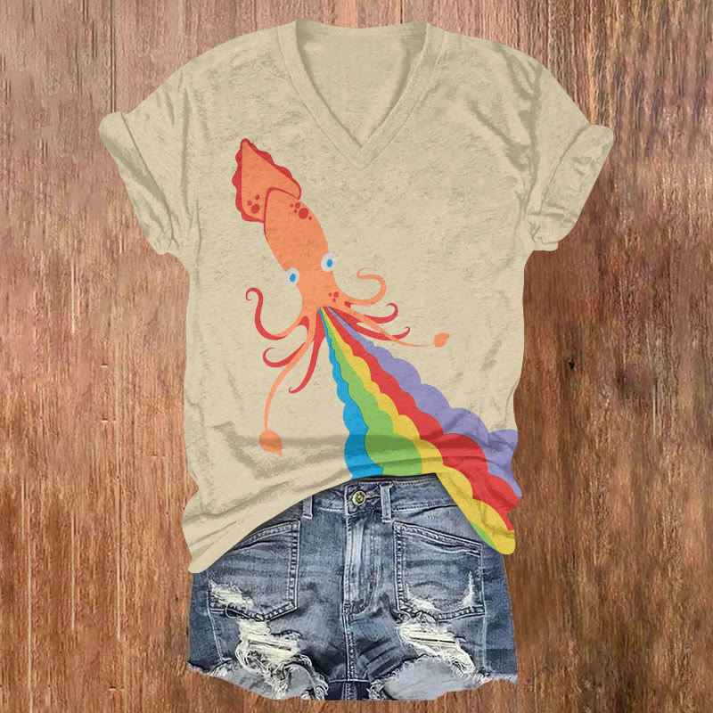 St. Patrick's Day Fun Octopus Rainbow Spray Art Print T-shirt - Apricot - US32-34(5XL) - image 1