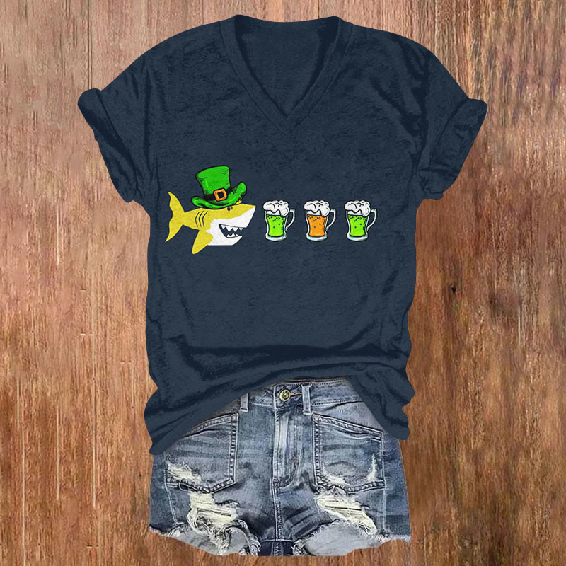 St. Patrick's Day Funny Shark And Beer Print T-shirt - Navy Blue - US32-34(5XL) - image 1