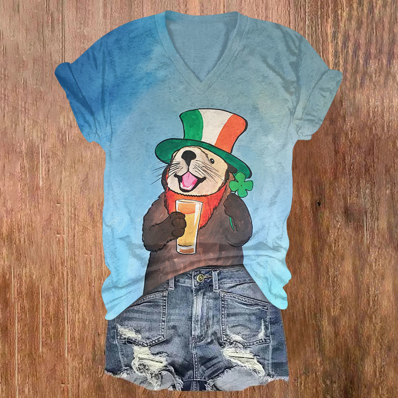 Funny Sea Otters And Drinks For St. Patrick's Day Print T-shirt - Sky Blue - US32-34(5XL) - image 1