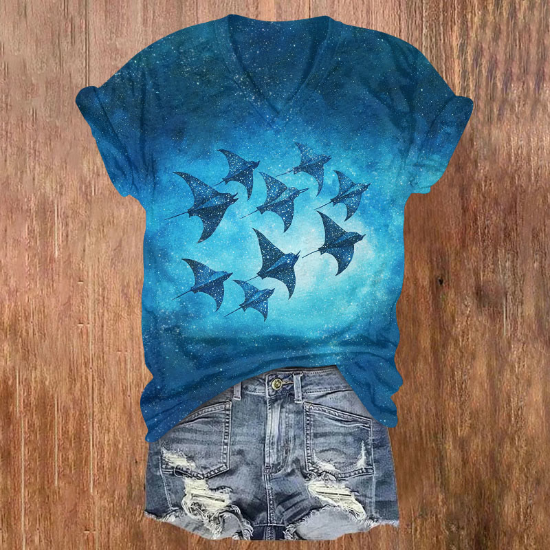 Manta Ray Starry Sky Gradient Art Print T-shirt - Blue - US32-34(5XL) - image 1