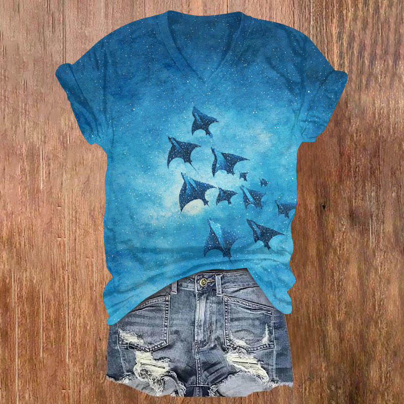 Manta Ray Starry Sky Art Print T-shirt - Blue - US32-34(5XL) - image 1